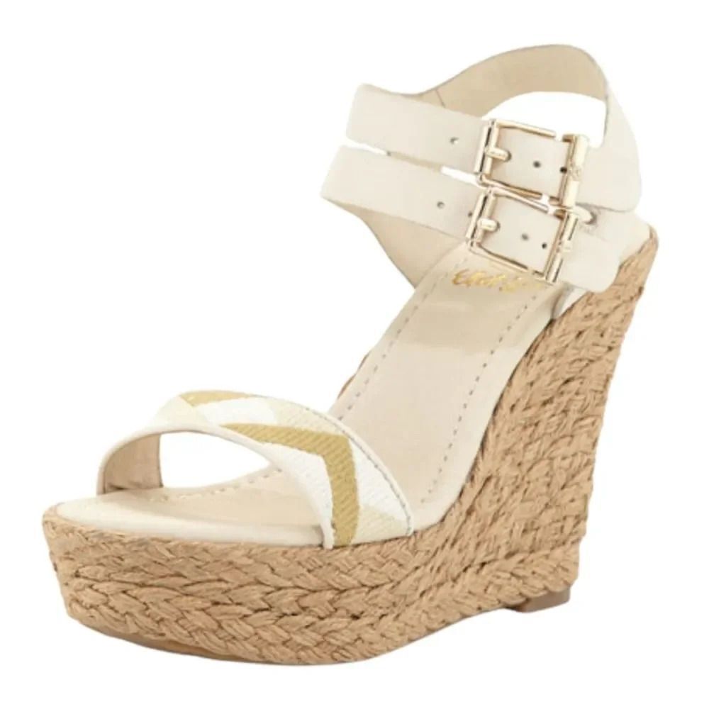 Elliott Lucca Guilia Leather Espadrille Wedge in Linen Multi Size 9